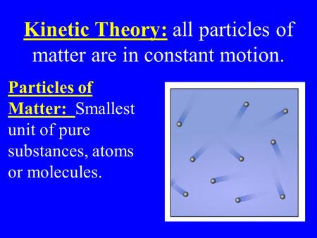 Kinetic Theory: all particles of matter are in constant motion. Particles of Matter: Smallest unit of pure substances, atoms or molecules.