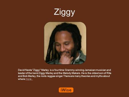 Ziggy David Nesta Ziggy Marley is a four time Grammy-winning Jamaican musician and leader of the band Ziggy Marley and the Melody Makers. He is the oldest.