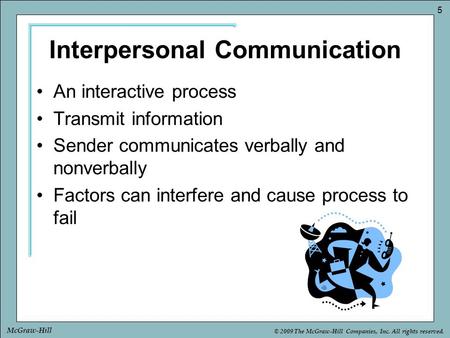 © 2009 The McGraw-Hill Companies, Inc. All rights reserved. 5 McGraw-Hill Interpersonal Communication An interactive process Transmit information Sender.