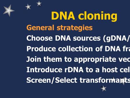 DNA cloning General strategies Choose DNA sources (gDNA/cDNA) Produce collection of DNA fragments Join them to appropriate vector Introduce rDNA to a host.