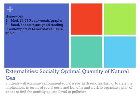 + Externalities: Socially Optimal Quantity of Natural Gas Students will examine a prominent social issue, hydraulic fracturing, to state the implications.