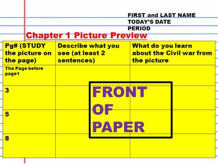FIRST and LAST NAME TODAY’S DATE PERIOD Chapter 1 Picture Preview Pg# (STUDY the picture on the page) Describe what you see (at least 2 sentences) What.