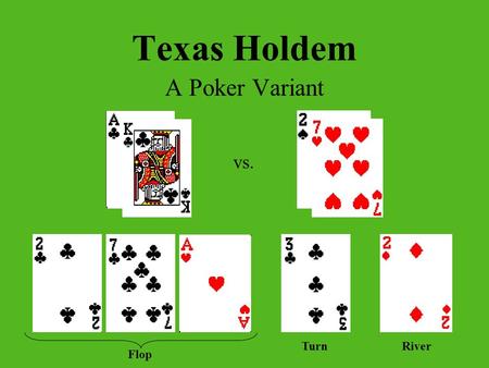 Texas Holdem A Poker Variant vs. Flop TurnRiver. How to Play Everyone is dealt 2 cards face down (Hole Cards) 5 Community Cards Best 5-Card Hand Wins.