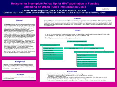 Reasons for Incomplete Follow Up for HPV Vaccination in Females Attending an Urban Public Immunization Clinic Fiona G. Kouyoumdjian, 1 MD, MPH, CCFP, Anne.