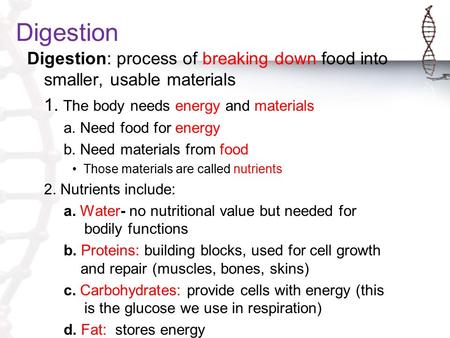 Digestion Digestion: process of breaking down food into smaller, usable materials 1. The body needs energy and materials a. Need food for energy b. Need.
