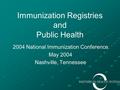 Immunization Registries and Public Health 2004 National Immunization Conference May 2004 Nashville, Tennessee.