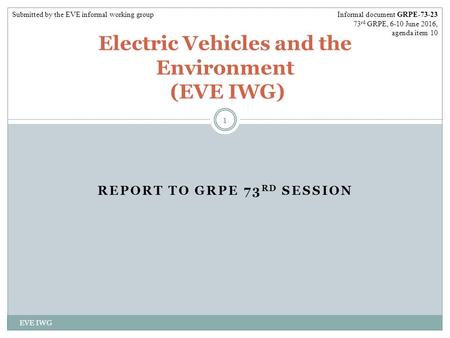 REPORT TO GRPE 73 RD SESSION EVE IWG 1 Electric Vehicles and the Environment (EVE IWG) Informal document GRPE-73-23 73 rd GRPE, 6-10 June 2016, agenda.