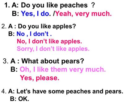 1. A: Do you like peaches ？ B: Yes, I do. /Yeah, very much. 2. A : Do you like apples? B: No, I don’t. No, I don’t like apples. Sorry, I don’t like apples.