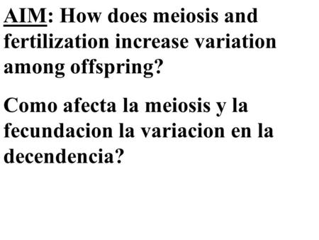 AIM: How does meiosis and fertilization increase variation among offspring? Como afecta la meiosis y la fecundacion la variacion en la decendencia?