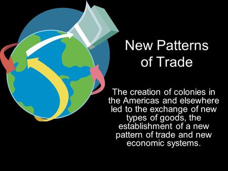 New Patterns of Trade The creation of colonies in the Americas and elsewhere led to the exchange of new types of goods, the establishment of a new pattern.