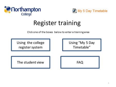 Register training Click one of the boxes below to enter a training area Using “My 5 Day Timetable” The student view 1 Using the college register system.