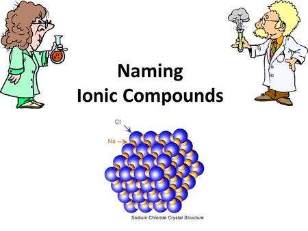 Naming Ionic Compounds. Rules Name the metallic ion (cation) 1 st (whole name) Name the nonmetallic ion (anion) 2 nd, but change the ending to “ide” The.