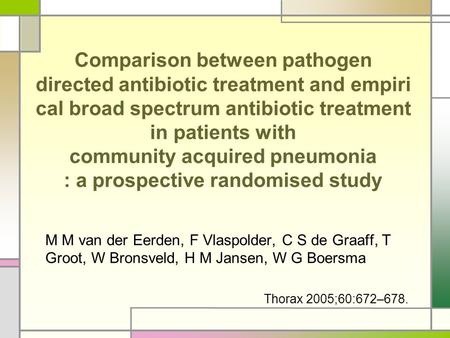 Comparison between pathogen directed antibiotic treatment and empiri cal broad spectrum antibiotic treatment in patients with community acquired pneumonia.
