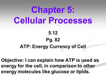Chapter 5: Cellular Processes 5.12 Pg. 82 ATP: Energy Currency of Cell Objective: I can explain how ATP is used as energy for the cell, in comparison to.