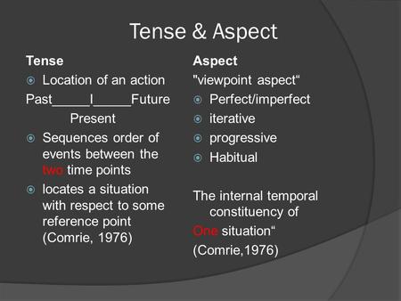 Tense & Aspect Tense Location of an action Past_____I_____Future