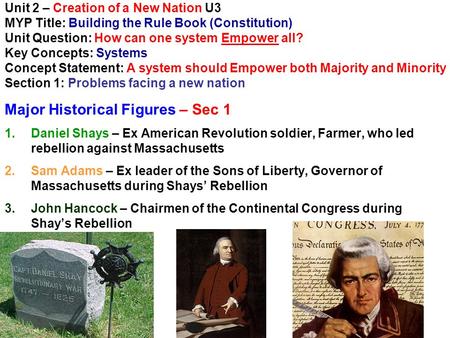 Unit 2 – Creation of a New Nation U3 MYP Title: Building the Rule Book (Constitution) Unit Question: How can one system Empower all? Key Concepts: Systems.