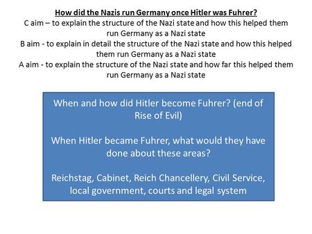 How did the Nazis run Germany once Hitler was Fuhrer? C aim – to explain the structure of the Nazi state and how this helped them run Germany as a Nazi.
