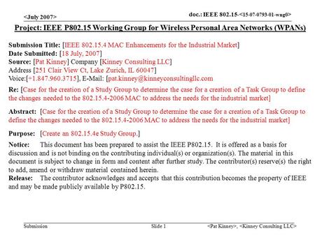 Doc.: IEEE 802.15- Submission, Slide 1 Project: IEEE P802.15 Working Group for Wireless Personal Area Networks (WPANs) Submission Title: [IEEE 802.15.4.