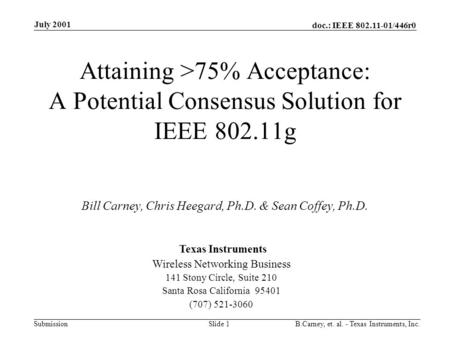 Doc.: IEEE 802.11-01/446r0 Submission July 2001 B.Carney, et. al. - Texas Instruments, Inc.Slide 1 Attaining >75% Acceptance: A Potential Consensus Solution.