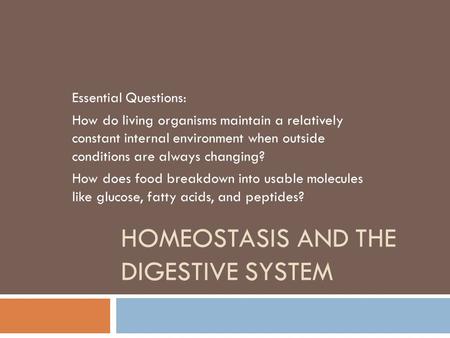 HOMEOSTASIS AND THE DIGESTIVE SYSTEM Essential Questions: How do living organisms maintain a relatively constant internal environment when outside conditions.