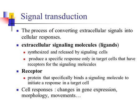 Signal transduction The process of converting extracellular signals into cellular responses. extracellular signaling molecules (ligands) synthesized and.
