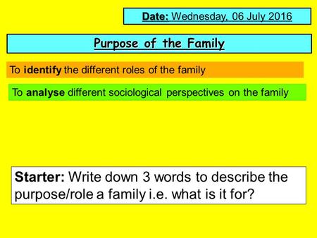 Purpose of the Family Date: Date: Wednesday, 06 July 2016 To analyse different sociological perspectives on the family Starter: Write down 3 words to describe.