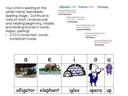 Your child is spelling at the Letter Name Alphabetic Spelling Stage. Continue to work on short vowel sounds and hearing beginning, middle and ending sounds.