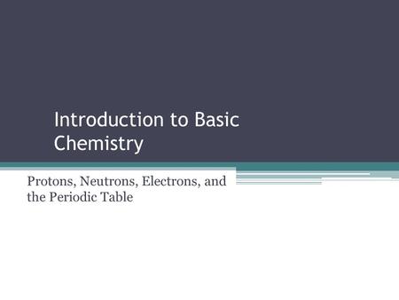 Introduction to Basic Chemistry Protons, Neutrons, Electrons, and the Periodic Table.
