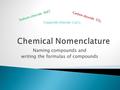 Naming compounds and writing the formulas of compounds Sodium chloride NaCl Carbon dioxide CO 2 Copper(II) chloride CuCl 2.
