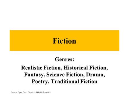 Fiction Genres: Realistic Fiction, Historical Fiction, Fantasy, Science Fiction, Drama, Poetry, Traditional Fiction Source: Open Court Classics; SRA/McGraw-Hill.