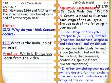 Mitosis and Cytokinesis 12/2-3/15 Starter: 12/2-Why do you think Cancer occurs? 12/3 What is the main job of mitosis? 12/2-3/15 Cell Cycle Model Application/