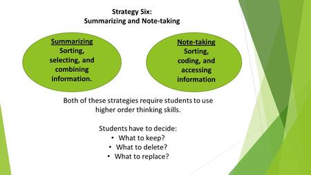 Strategy Six: Summarizing and Note-taking Summarizing Sorting, selecting, and combining information. Note-taking Sorting, coding, and accessing information.