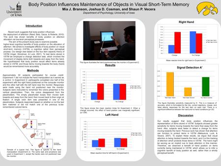 Body Position Influences Maintenance of Objects in Visual Short-Term Memory Mia J. Branson, Joshua D. Cosman, and Shaun P. Vecera Department of Psychology,