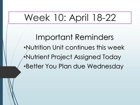 Week 10: April 18-22 Important Reminders Nutrition Unit continues this week Nutrition Unit continues this week Nutrient Project Assigned Today Nutrient.