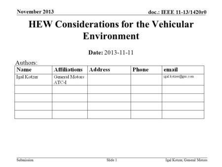 Submission doc.: IEEE 11-13/1420r0 November 2013 Igal Kotzer, General MotorsSlide 1 HEW Considerations for the Vehicular Environment Date: 2013-11-11 Authors: