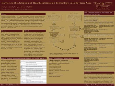 Texas State University – School of Health Administration Mask, A., Ris, M., Case, A., Kruse, C.S., PhD Barriers to the Adoption of Health Information Technology.