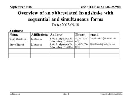 Doc.: IEEE 802.11-07/2539r0 Submission September 2007 Tony Braskich, MotorolaSlide 1 Overview of an abbreviated handshake with sequential and simultaneous.