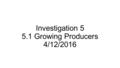 Investigation 5 5.1 Growing Producers 4/12/2016. Bell Work 32 April 12, 2016 * You will need your composition books today.* Take out a sheet of paper,