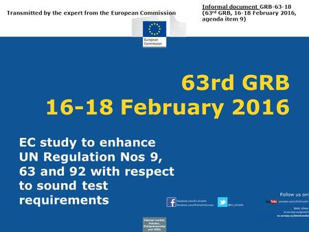 Internal market, Industry, Entrepreneurship and SMEs 63rd GRB 16-18 February 2016 EC study to enhance UN Regulation Nos 9, 63 and 92 with respect to sound.