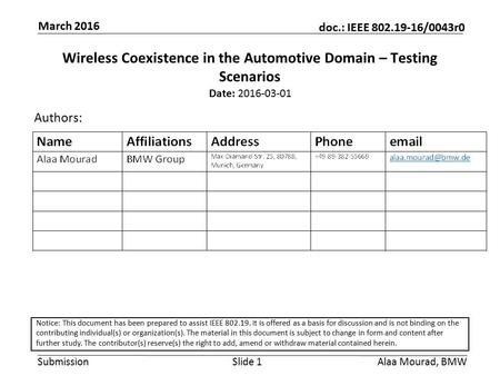 Submission doc.: IEEE 802.19-16/0043r0 March 2016 Alaa Mourad, BMWSlide 1 Wireless Coexistence in the Automotive Domain – Testing Scenarios Date: 2016-03-01.