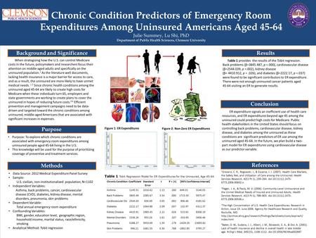 Chronic Condition Predictors of Emergency Room Expenditures Among Uninsured Americans Aged 45-64 Julie Summey, Lu Shi, PhD Department of Public Health.