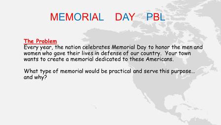 MEMORIAL DAY PBL The Problem Every year, the nation celebrates Memorial Day to honor the men and women who gave their lives in defense of our country.
