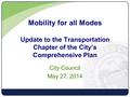 Mobility for all Modes Update to the Transportation Chapter of the City’s Comprehensive Plan City Council May 27, 2014 1.