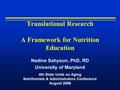 Translational Research A Framework for Nutrition Education Nadine Sahyoun, PhD, RD University of Maryland 4th State Units on Aging Nutritionists & Administrators.