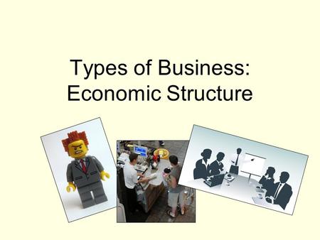 Types of Business: Economic Structure. Proprietorship: business with one owner who takes all the risks but gets all of the profit.