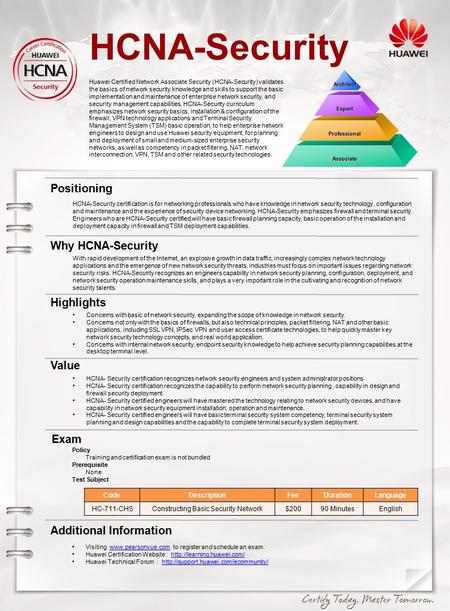 HCNA-Security Huawei Certified Network Associate Security (HCNA-Security) validates the basics of network security knowledge and skills to support the.