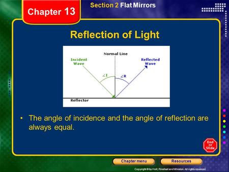 Copyright © by Holt, Rinehart and Winston. All rights reserved. ResourcesChapter menu Section 2 Flat Mirrors Chapter 13 Reflection of Light The angle.