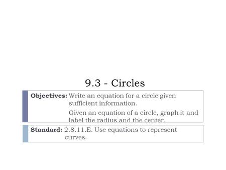 9.3 - Circles Objectives: Write an equation for a circle given sufficient information. Given an equation of a circle, graph it and label the radius and.