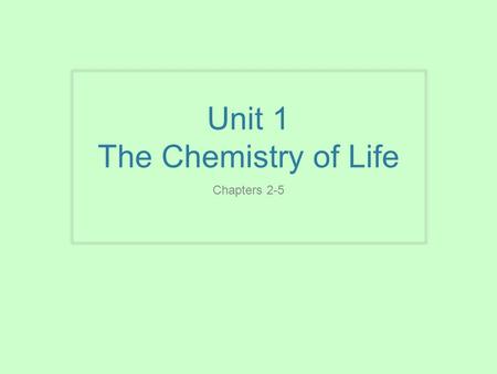 Unit 1 The Chemistry of Life Chapters 2-5. Chapter 2 The chemical context of life You must know: The 3 subatomic particles & their significance The types.