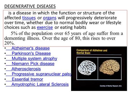 DEGENERATIVE DISEASES is a disease in which the function or structure of the affected tissues or organs will progressively deteriorate over time, whether.